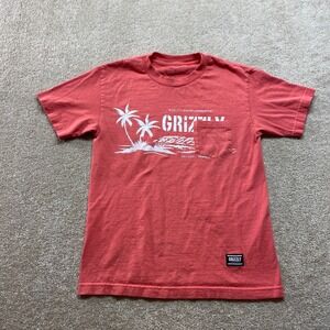 Grizzly Palm Tree Shirt Womens Small‎ Pink Graphic Tee Pocket Coral